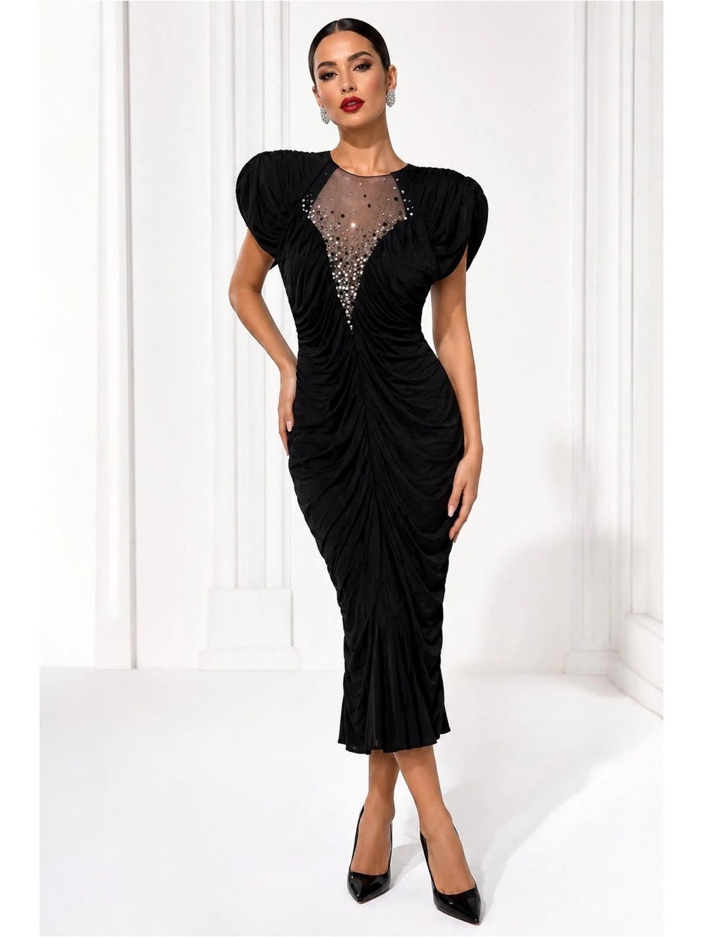 Vintage 80s Casadei Eletra Black Ruched Sequin Star Mesh Open Back Dress